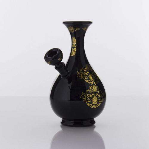 The China Glass "Huang Quin" Dynasty Vase Water Pipe - Black With Gold Accents